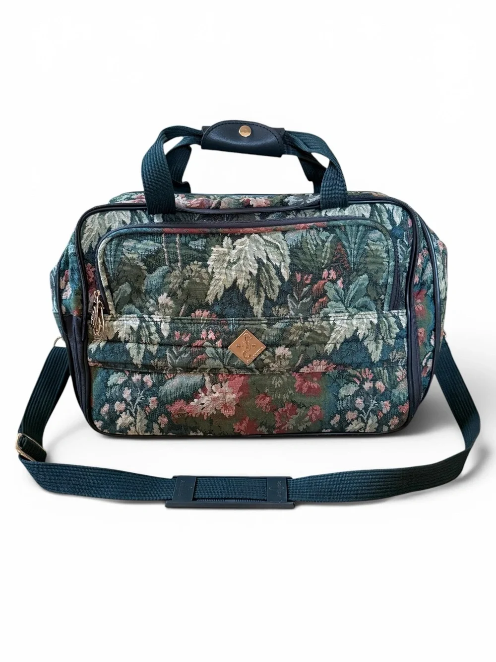 Atlantic Vintage Floral Tapestry Travel / Carry On Bag in Teal Green Retro